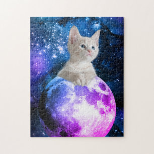 Cute Kitten Op De Maan, Glanzende Sterren, Heelal Legpuzzel