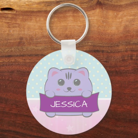 Cute Kitten Personalized Polka Dot Sleutelhanger (Achterkant)
