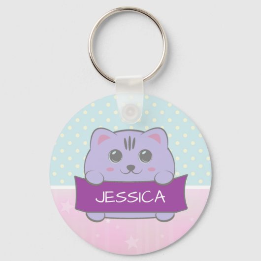 Cute Kitten Personalized Polka Dot Sleutelhanger (Achterkant)