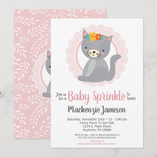 Cute Kitten Pink Girls Baby Sprinkle Invitation Kaart (Voorkant / Achterkant)