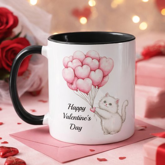Cute Kitten Pink Heart Balloons Valentine’s Day Mok