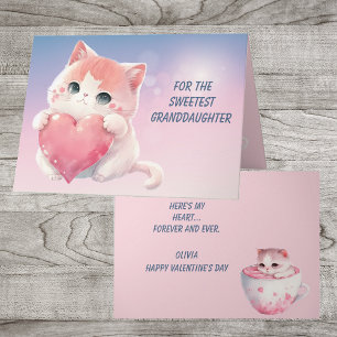 Cute Kitten Pink Heart Granddochter Valentijn Feestdagen Kaart