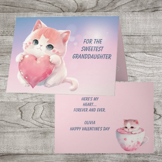 Cute Kitten Pink Heart Granddochter Valentijn Feestdagen Kaart