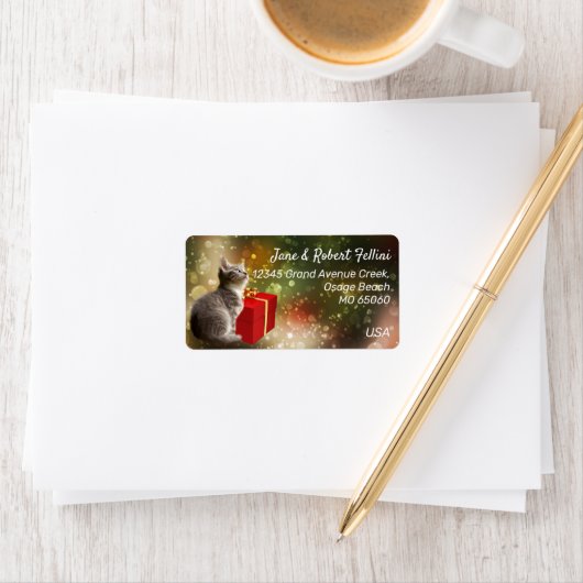 Cute kitten red gifbox kleurrijke feestelijke gewo etiket (Insitu)