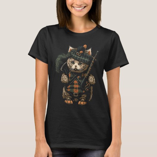 Cute Kitten Scottish Bagpiper Cat with Bagpipe T-shirt (Voorkant)
