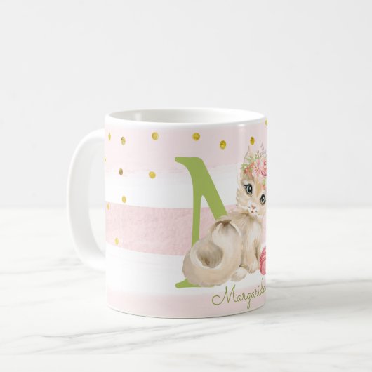 Cute Kitten Sweet Monogram Pink Girly Coffee Mok (Voorkant links)