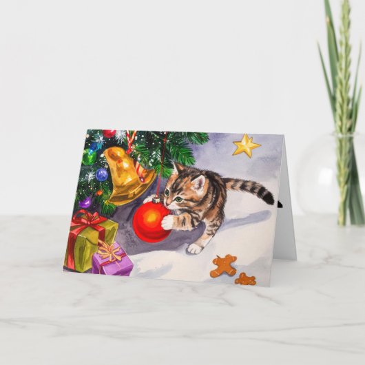 Cute Kitten Swinging On Christmas Tree Ornaments Feestdagen Kaart (Voorkant)