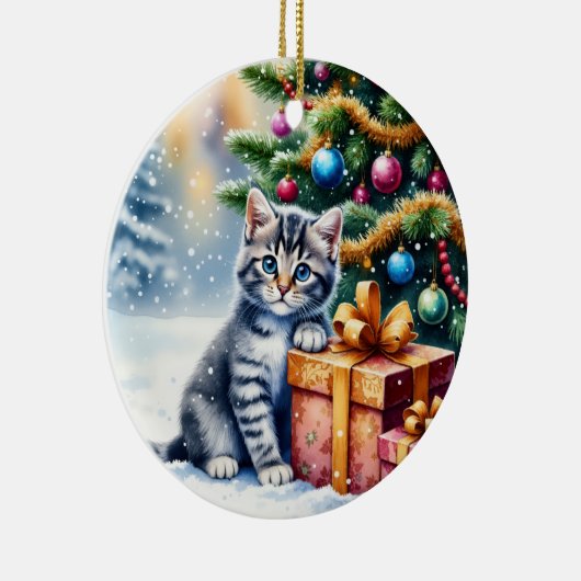 Cute Kitten Under Christmas Tree Keramisch Ornament (Rechts)