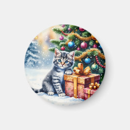 Cute Kitten Under Christmas Tree Magneet