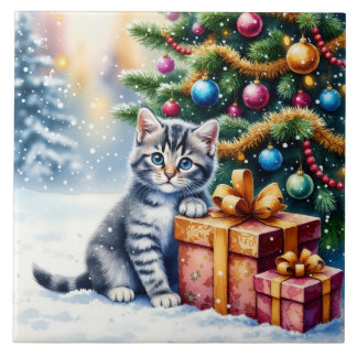 Cute Kitten Under Christmas Tree Tegeltje