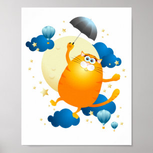 Cute Kitten vliegt met Umbrella Poster