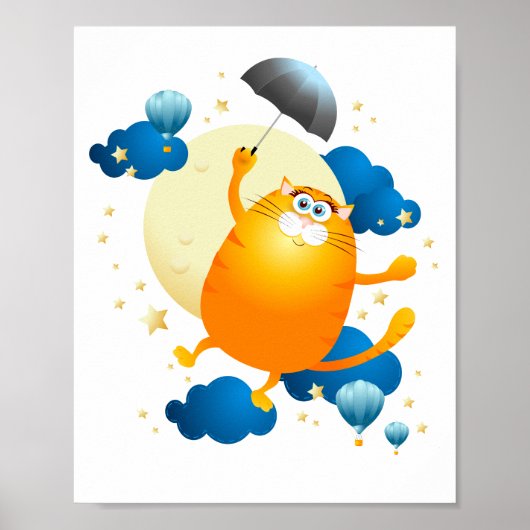 Cute Kitten vliegt met Umbrella Poster (Voorkant)