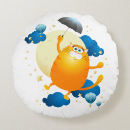 Cute Kitten vliegt met Umbrella Rond Kussen