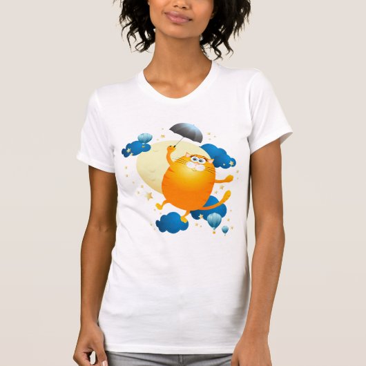 Cute Kitten vliegt met Umbrella T-shirt (Voorkant)