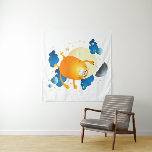 Cute Kitten vliegt met Umbrella Wandkleed (In Situ (horizontaal))