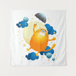 Cute Kitten vliegt met Umbrella Wandkleed