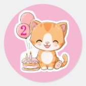 Cute Kitten w Balloons, 2nd Birthday Ronde Sticker (Voorkant)