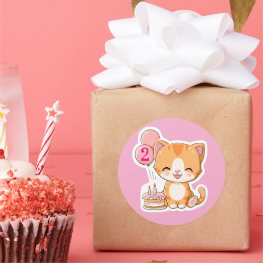 Cute Kitten w Balloons, 2nd Birthday Ronde Sticker (Feest)