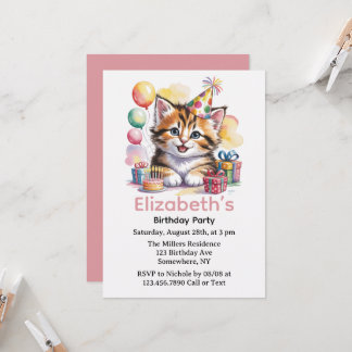 Cute Kitten Watercolor Birthday Party Kaart