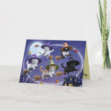 Cute Kitten Witches Halloween Card