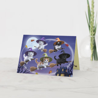 Cute Kitten Witches Halloween Card Feestdagen Kaart