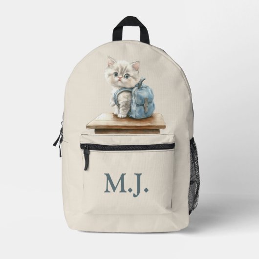 Cute Kitten with Backpack Custom Monogram Backpack Bedrukte Rugzak (Voorkant)