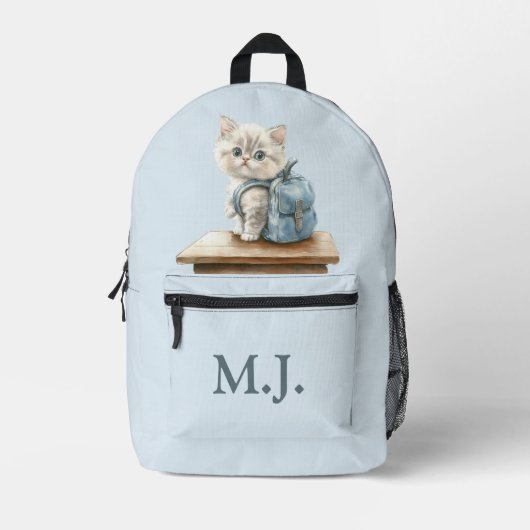Cute Kitten with Backpack Custom Monogram Backpack Bedrukte Rugzak (Voorkant)