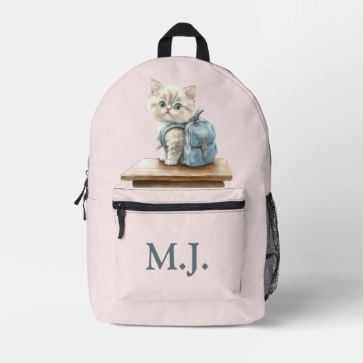 Cute Kitten with Backpack Custom Monogram Backpack Bedrukte Rugzak (Voorkant)