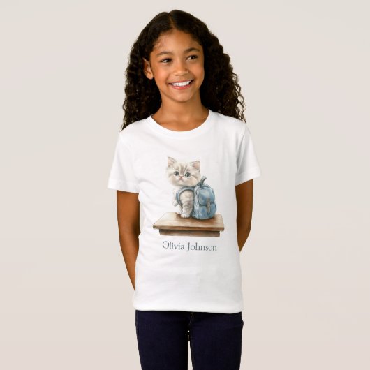 Cute Kitten with Backpack Personalized Kid T-shirt (Voorkant volledig)