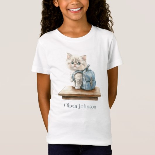 Cute Kitten with Backpack Personalized Kid T-shirt (Voorkant)