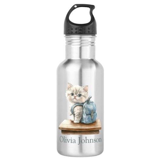 Cute Kitten with Backpack Personalized Waterfles (Voorkant)
