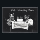 Cute  Kittens 18th Birthday Party Kaart<br><div class="desc">Cute, op maat gesneden 18e verjaardag uitnodigingen voor vrouwen. Een witte, grappige, zwarte en witte antiek foto van twee of twee schattige, schattige kittens, gekleed in feestkleding, aan tafel bedekt met een witte en zwarte tafelkleed met een witte verjaardagstaart met kaarsen op een gewone zwarte achtergrond. Dit is een bizarre...</div>