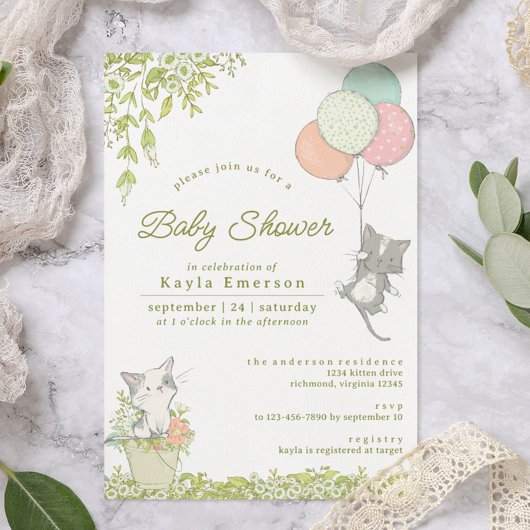 Cute Kittens en Floral | Neutraal Baby shower voor Kaart