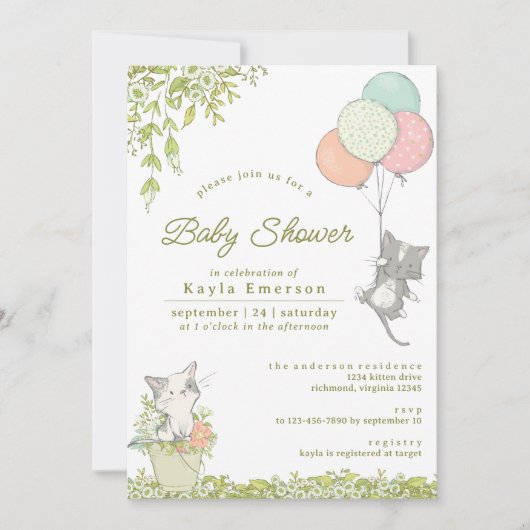 Cute Kittens en Floral | Neutraal Baby shower voor Kaart (Voorkant)