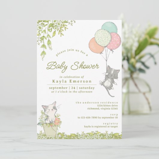 Cute Kittens en Floral | Neutraal Baby shower voor Kaart (Staand voorkant)