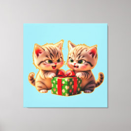 **Cute Kittens Fighting Over a Gift – Funny Christ Canvas Afdruk