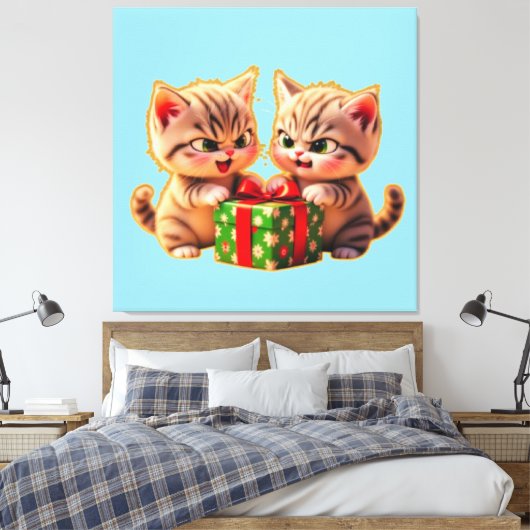 **Cute Kittens Fighting Over a Gift – Funny Christ Canvas Afdruk (Insitu (Slaapkamer))