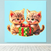 **Cute Kittens Fighting Over a Gift – Funny Christ Canvas Afdruk (Insitu (Houten vloer))