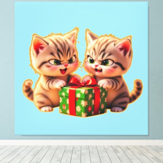 **Cute Kittens Fighting Over a Gift – Funny Christ Canvas Afdruk (Insitu (Houten vloer))