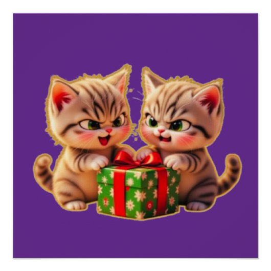 **Cute Kittens Fighting Over a Gift – Funny Christ Perfect Poster (Voorkant)