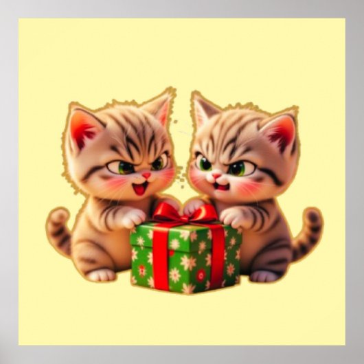 **Cute Kittens Fighting Over a Gift – Funny Christ Poster (Voorkant)