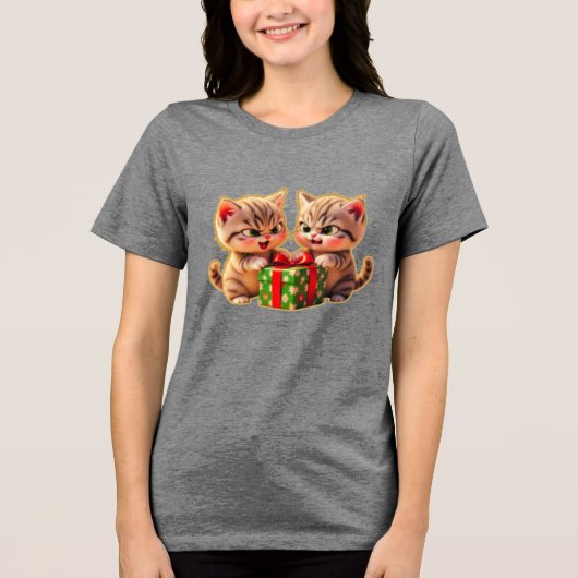 **Cute Kittens Fighting Over a Gift – Funny Christ Tri-Blend Shirt (Voorkant)