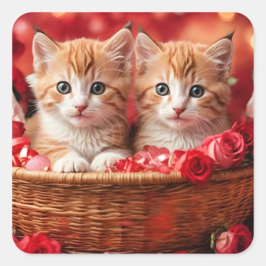 Cute Kittens in a Straw Basket Vierkante Sticker (Voorkant)