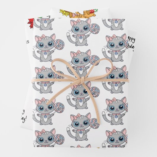 Cute Kittens met bloem- en kerstdag Inpakpapier Vel (In situ)