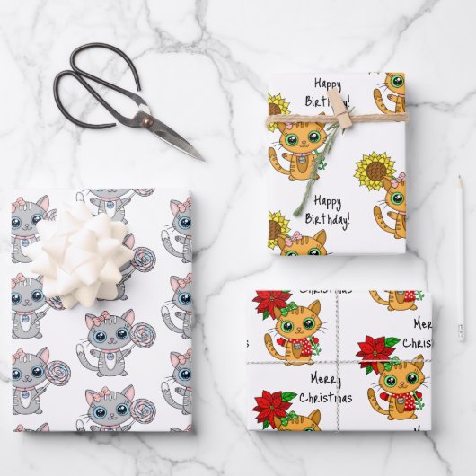 Cute Kittens met bloem- en kerstdag Inpakpapier Vel (Voorkant)