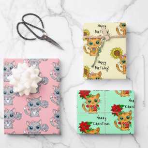 Cute Kittens met bloem- en kerstdag Inpakpapier Vel