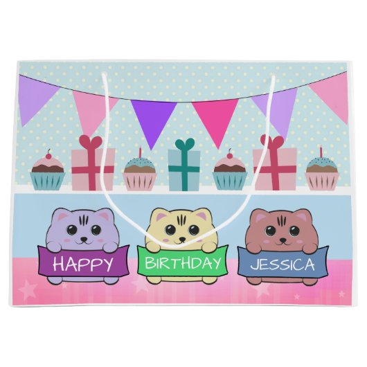 Cute Kittens Personalised Happy Birthday Groot Cadeauzakje (Voorkant)