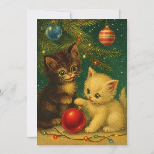 Cute Kittens Under Christmas Tree Retro Feestdagenkaart (Voorkant)