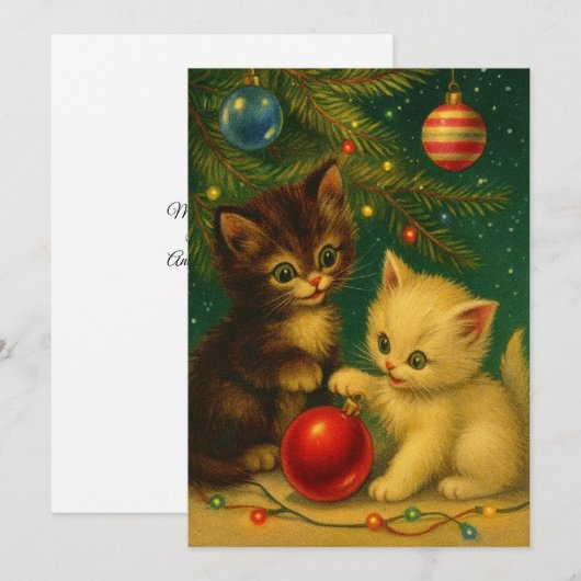 Cute Kittens Under Christmas Tree Retro Feestdagenkaart (Voorkant / Achterkant)