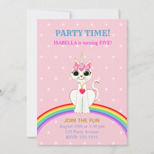 Cute Kitticorn Birthday Party Kaart (Voorkant)